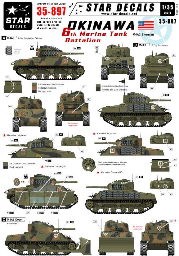 SCALE 1/35 4th and 5th Tank Ba Star Decals 35-C1078 M4A3 Sherman on Iwo Jima 